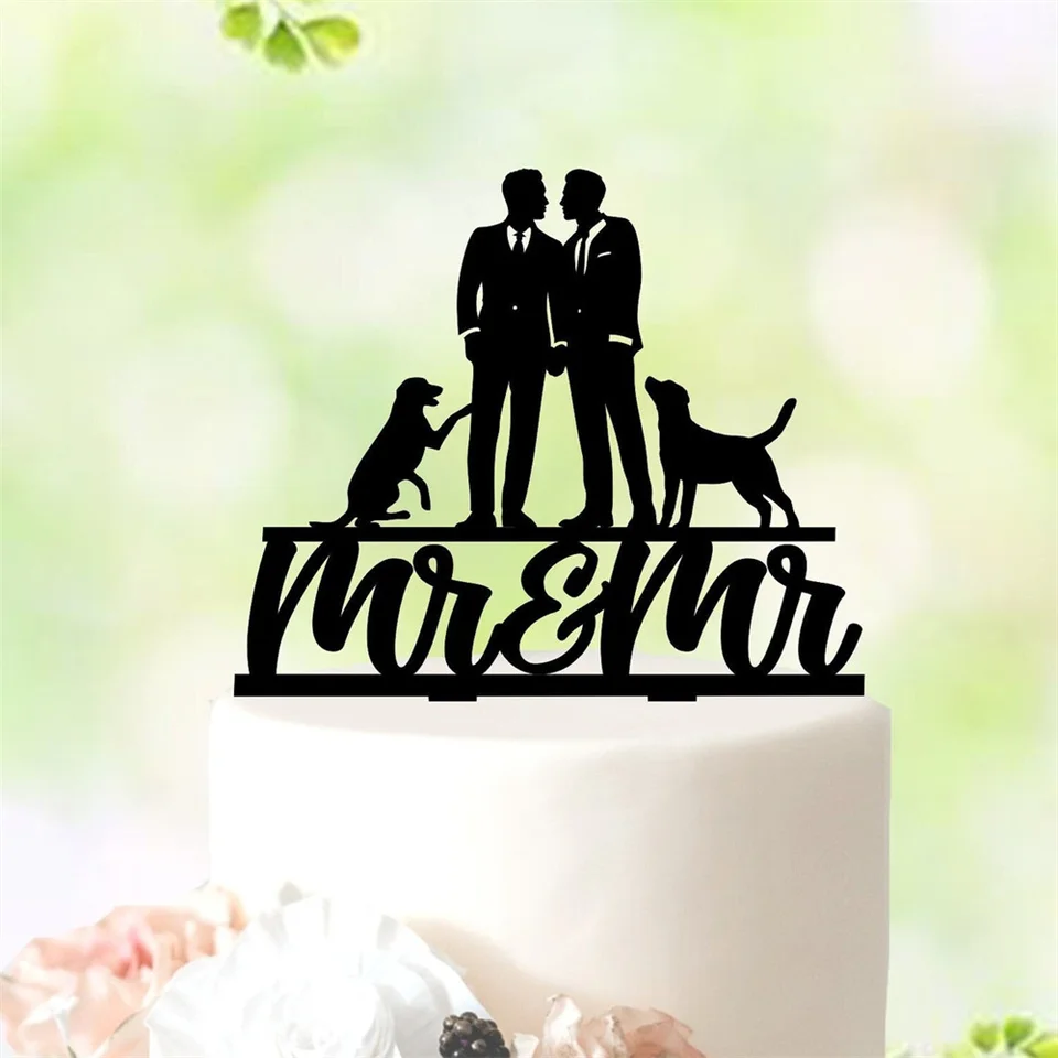 Mr & Mr Cake Topper Two Grooms rovnaké pohlavie pre mužov Svadba čierneho akrylového dreva s dekoráciami zapojenia psov