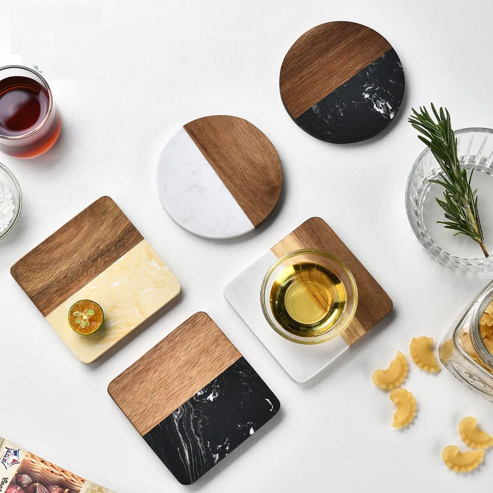 Mramorové akácia drevené nápoje Coasters set 4 drevené tácky pre konferenčný stolík jedálenský stolík akácia drevená nápojová sada coaster