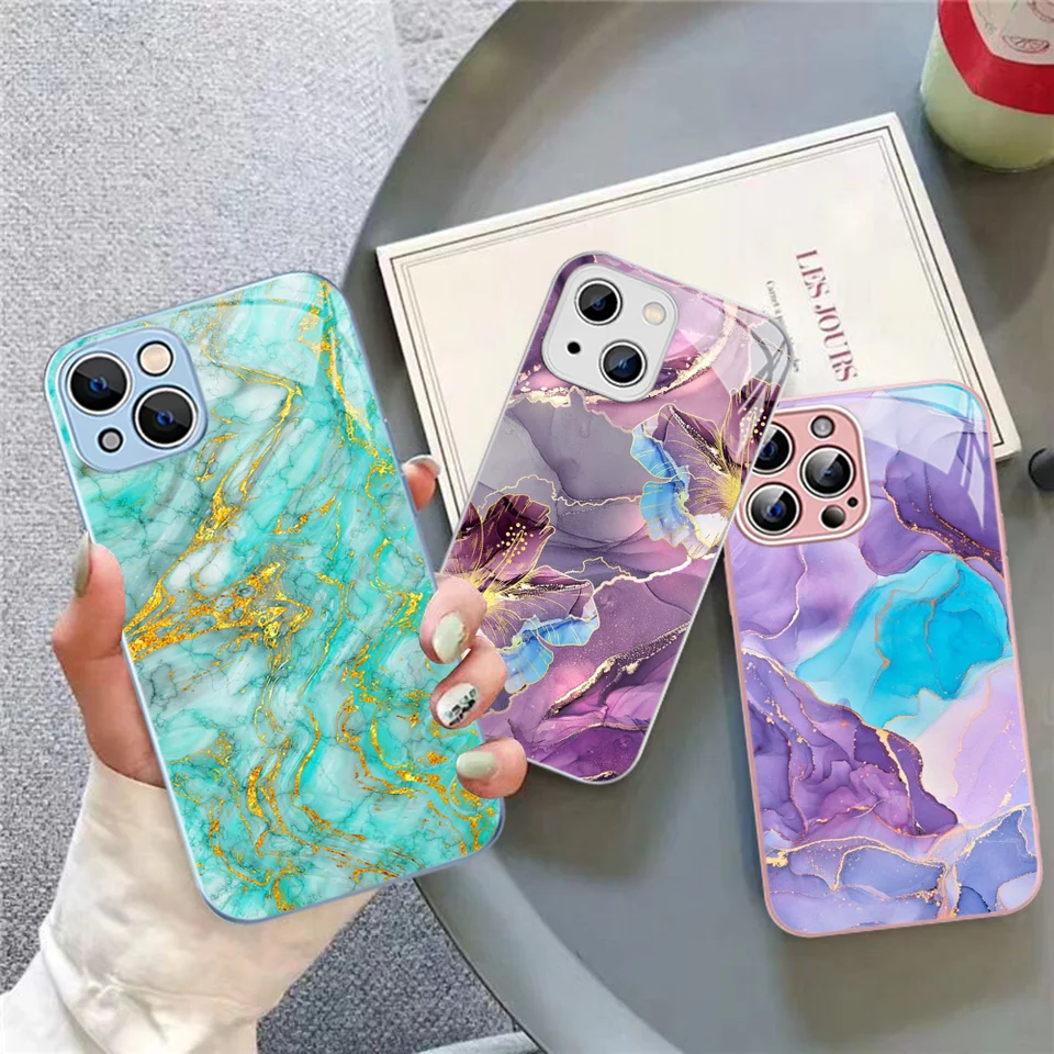 Mramorové umelecké puzdro pre iPhone 15 13 12 Mini 11 Pro xs Max x xr 14 plus temperovaný sklenený kryt