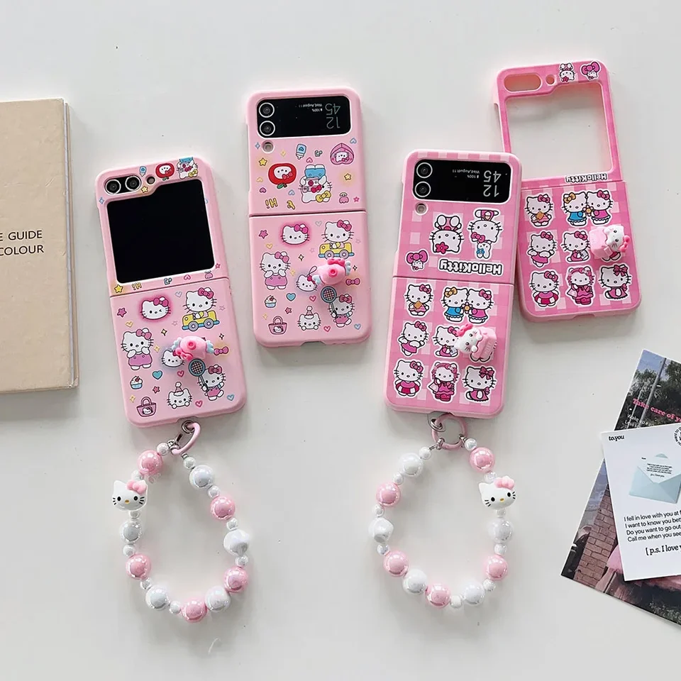 Mriežka Hello Kitty s puzdrom na náramok pre Samsung Galaxy Z Flip 3 4 5 Z Flip 6 5G PC Hard anti-pádový kryt Girl Girl