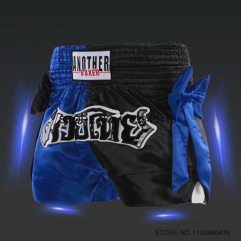 Muay thajské šortky čierne modré luky stuhy boxerské nohavice Men Ženy DETA DETSKÉ ARTS TRACKY CESTO