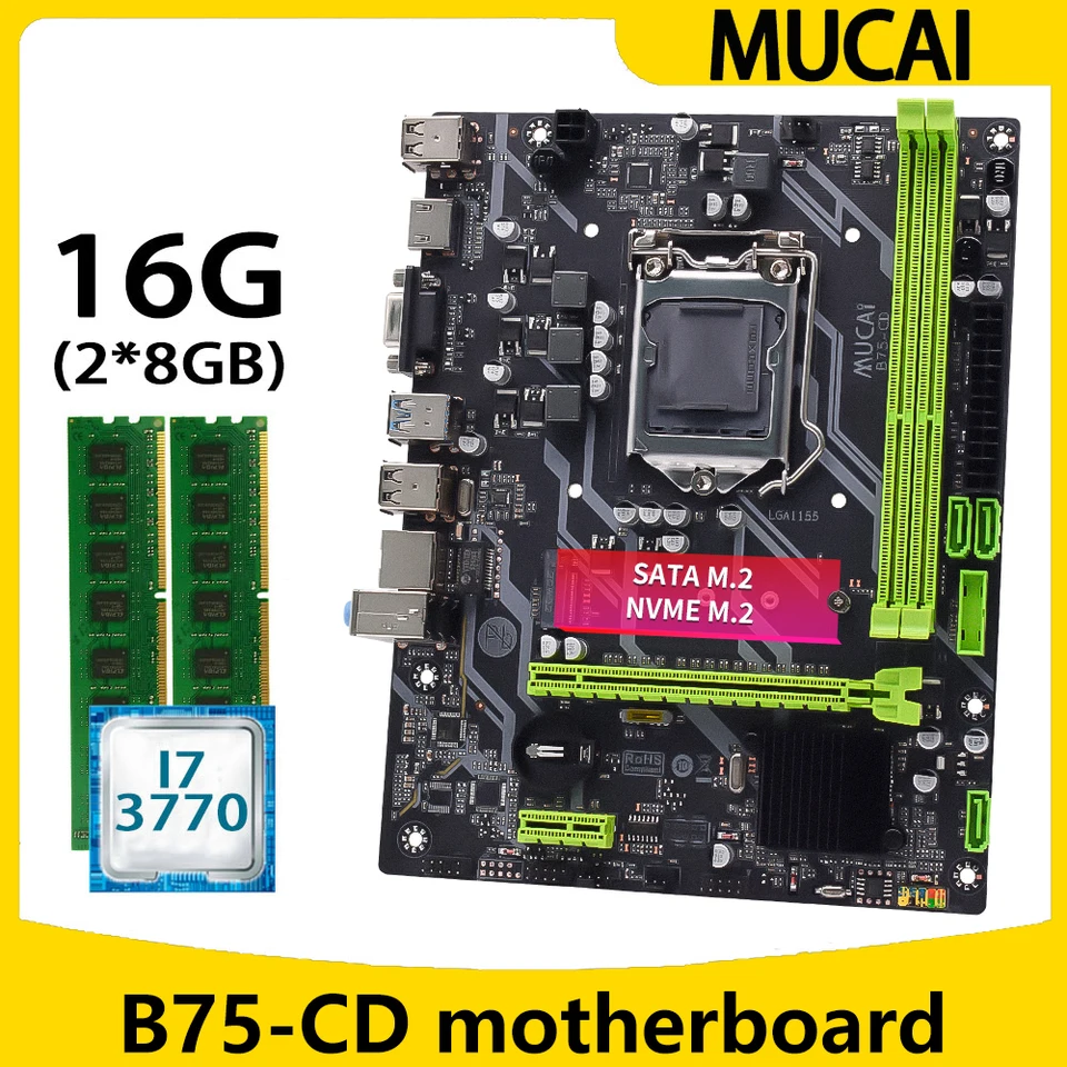 MUCAI B75 Základná doska LGA 1155 súpravy s procesorom CPU Intel Core i7 3770 a DDR3 16 GB (2*8 GB) 1600 MHz RAM PAME Computer
