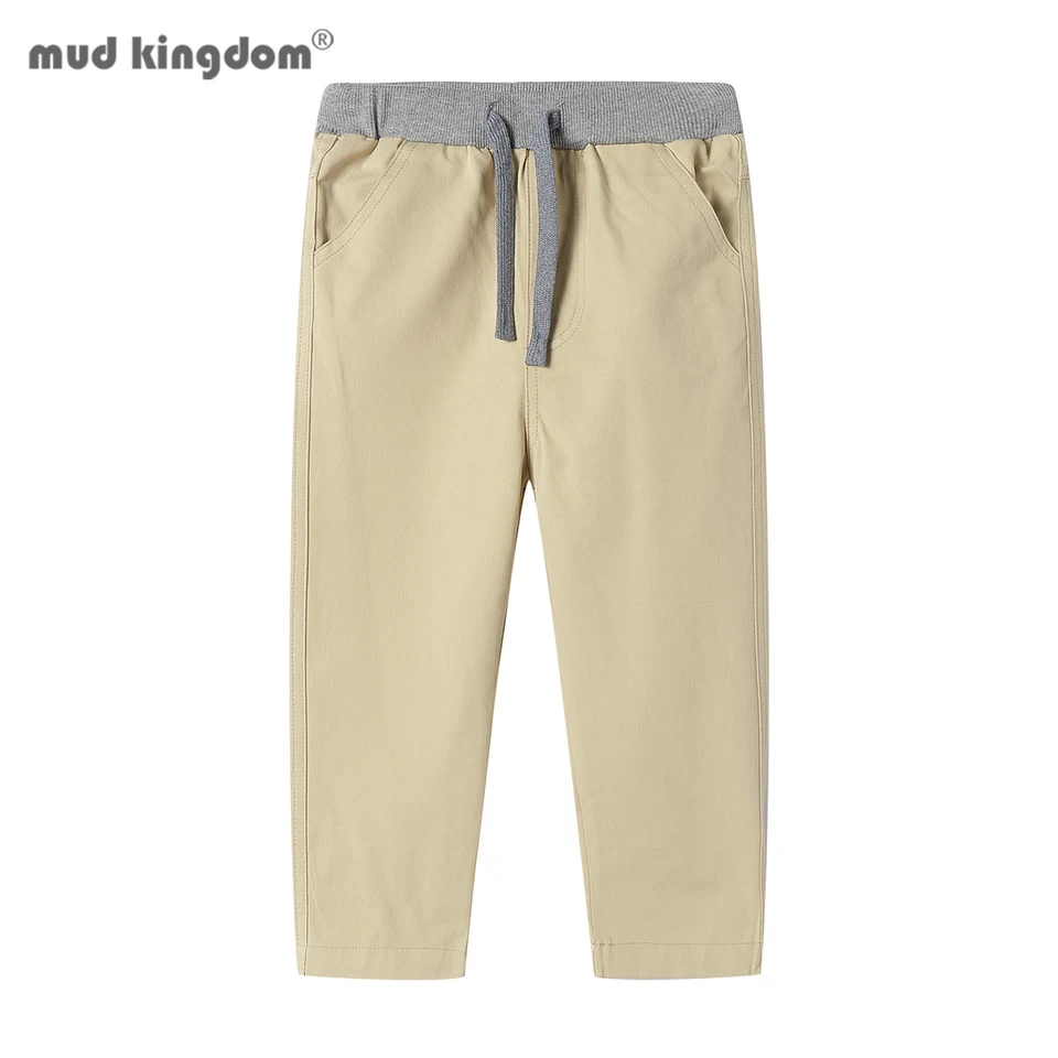 Mudkingdom Boys Pants s vreckami Príležitostný elastický pás recvrátenie školských uniformných nohavíc Vytiahnite si khaki čierne detské oblečenie Chino