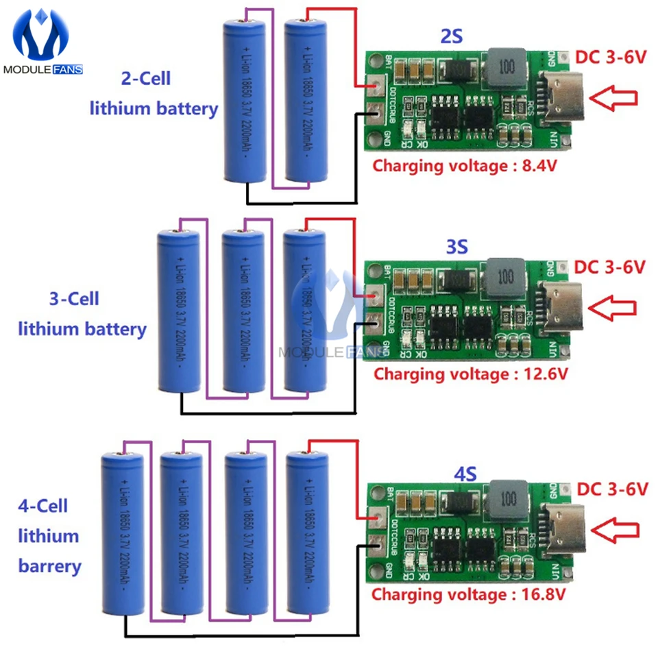 Multi-bunka 2S 3S 4S typu-C až 8,4 V 12,6 V 16,8 V Zvýšenie zosilnenia Li-Ion Li-Ion Li-ion nabíjačka 7.4V 11.1V 14.8 V 18650 Lítiová batéria