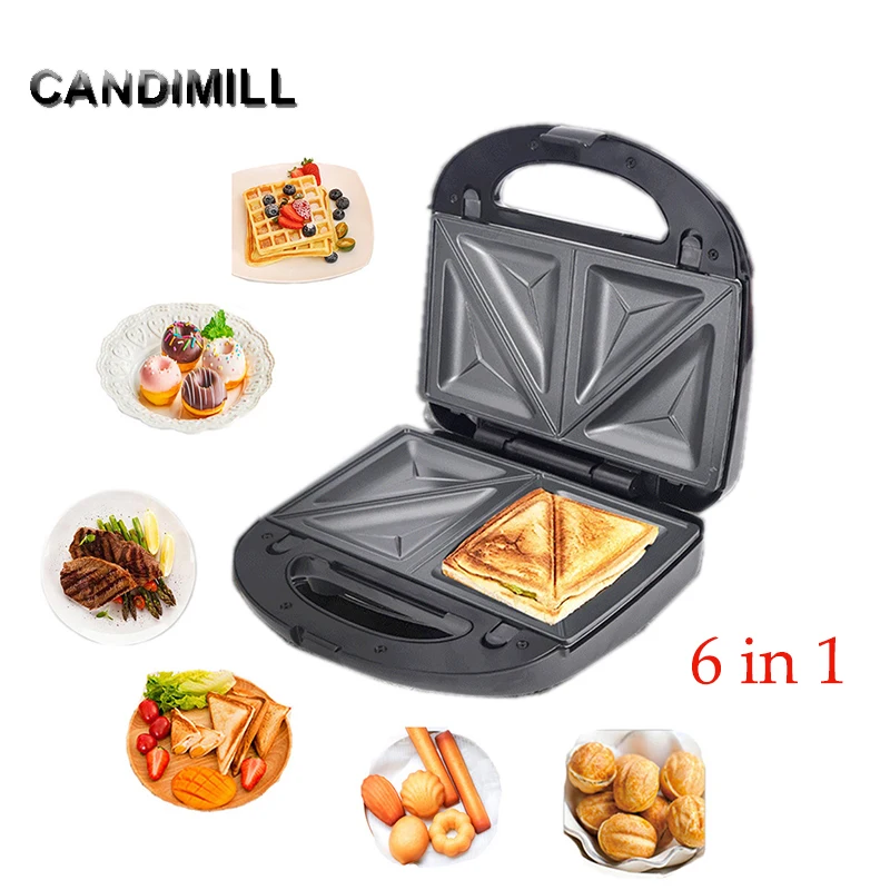 Multifunkcia 6 v 1 Waffle Maker Sandwich Machine Bubble Waffle Donuts Panini Plates Walnut Cake Pec Kitchen Appliance
