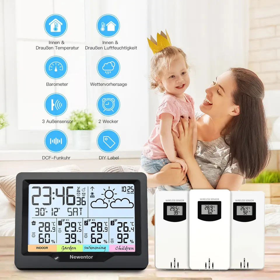 Multifunkčná digitálna meteorologická stanica Wireless Indoor Outdoor Termometer Hygrometer, farebný displej s predpovedaním budíka