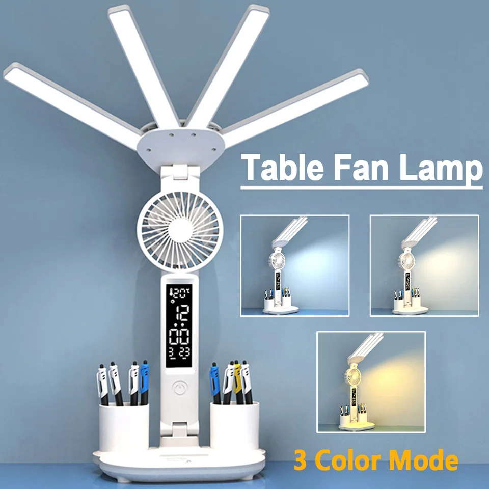 Multifunkčná LED stolová lampa 4-hlavné skladacie svetlo s ventilátorom+kalendár+hodiny USB nabíjateľnú stolovú lampu 3 farby čítania lampy