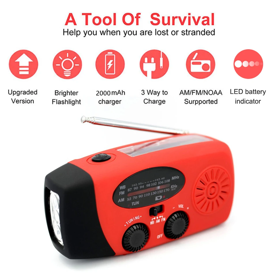 Multifunkčná solárna ruka Rádio Rádio FM AM WB NOAA WETLY RADIO 2000MAH USB