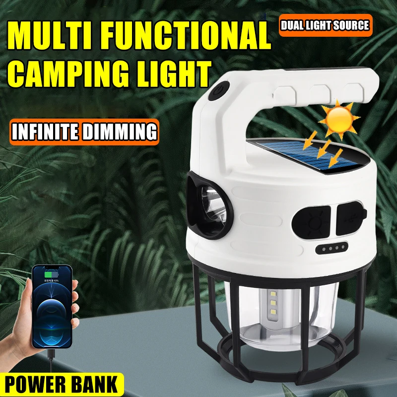 Multifunkčné prenosné kempingové svetlo Solar a USB nabíjanie LED baterka Stepless Stlmiteľné vonkajšie kempingové zavesenie Stan Lamp