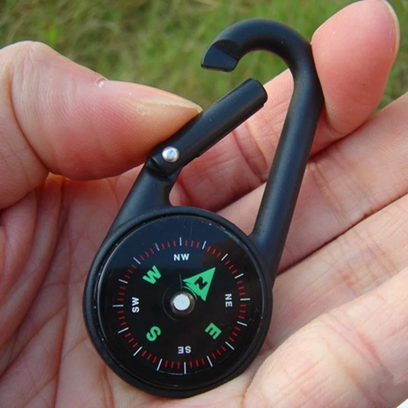 Multifunkčný inteligentný turistický kovový plastový karabín Mini kompas pre teplomer Keychain (náhodná farba)