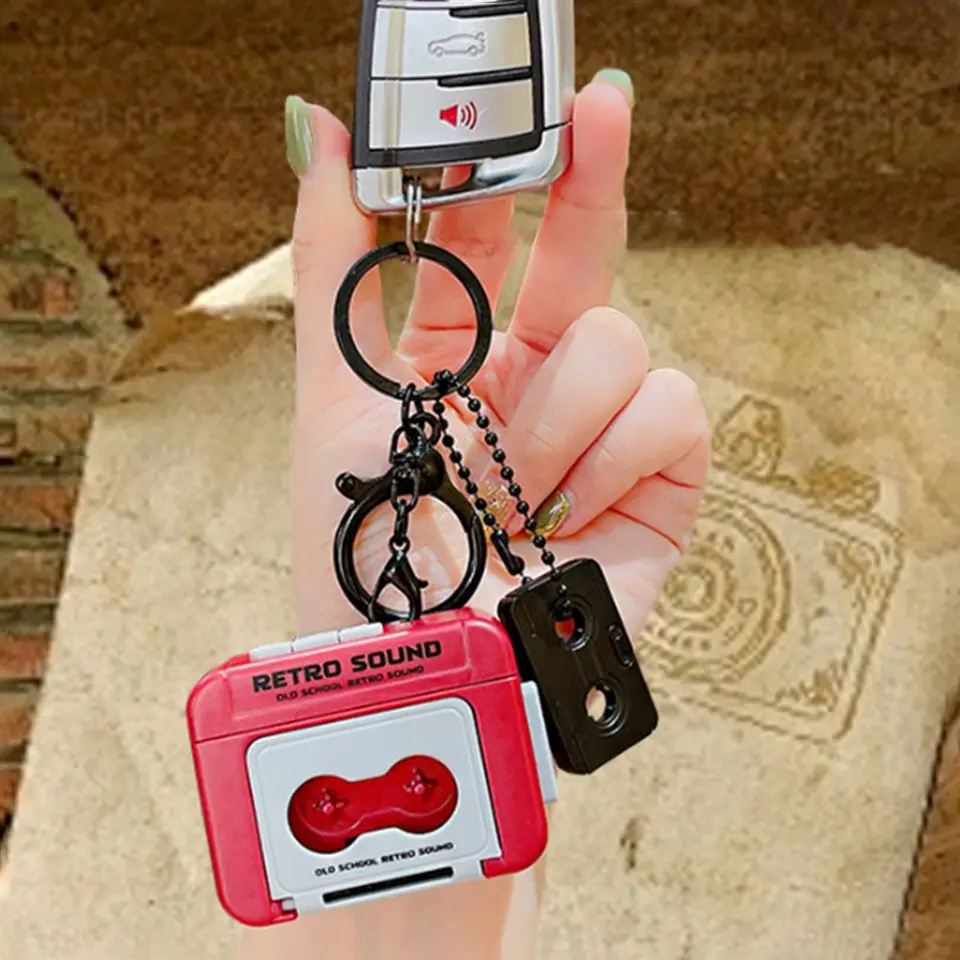 Multifunkčný karikatúra rekordér Keychain Tape Hudba Retro taška Kúzlo Kúpeľ komplikovaný dizajn klasický automobil Key prstene malý darček
