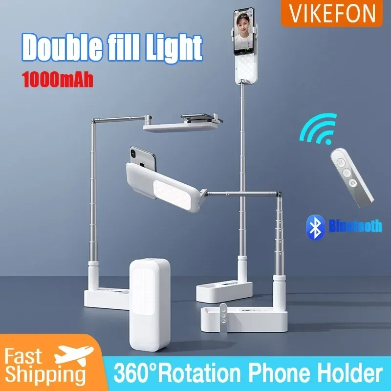 Multifunkčný mobilný telefón PTZ živý duálny držiak s 1 000 mAh vyplňte svetlo Bluetooth diaľkové ovládanie zatiahnuteľného snímacieho stojana