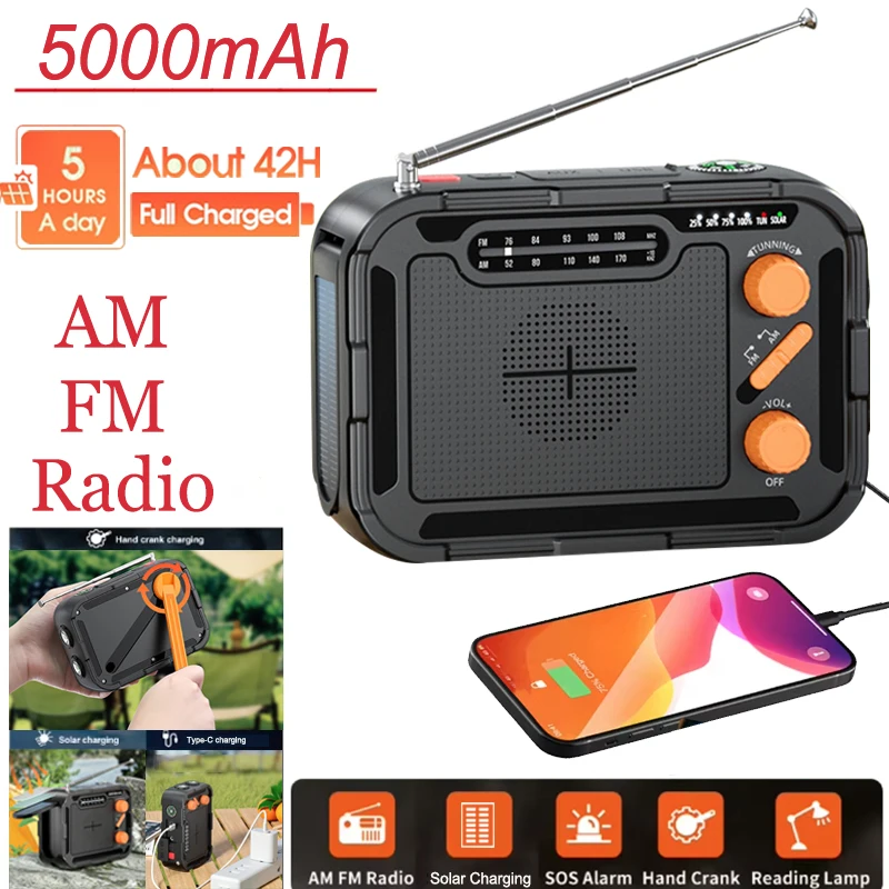 Multifunkčný rádiový kľuk so solárnym nabíjaním typu C nabíjanie 5 000 mAh