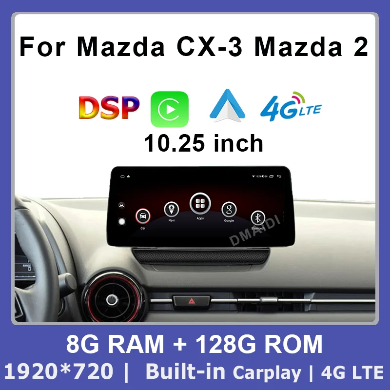 Multimediálny hráč Android 12 s CarPlay Wifi 4G LTE HD LCD Touch Sceen GPS navigácia pre Mazda2 /Mazda CX3 /CX-3