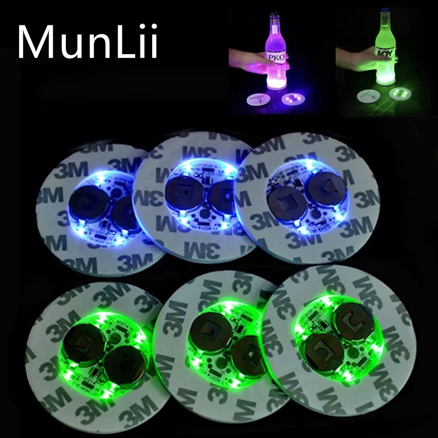 Munlii LED Coaster Coaster Luminous Fľašové nálepky Svetlá 60 mm lampy pre vianočný bar KTV Svadobná strana koktail kokteilové nápoje šálky vázy dekorácie lampa
