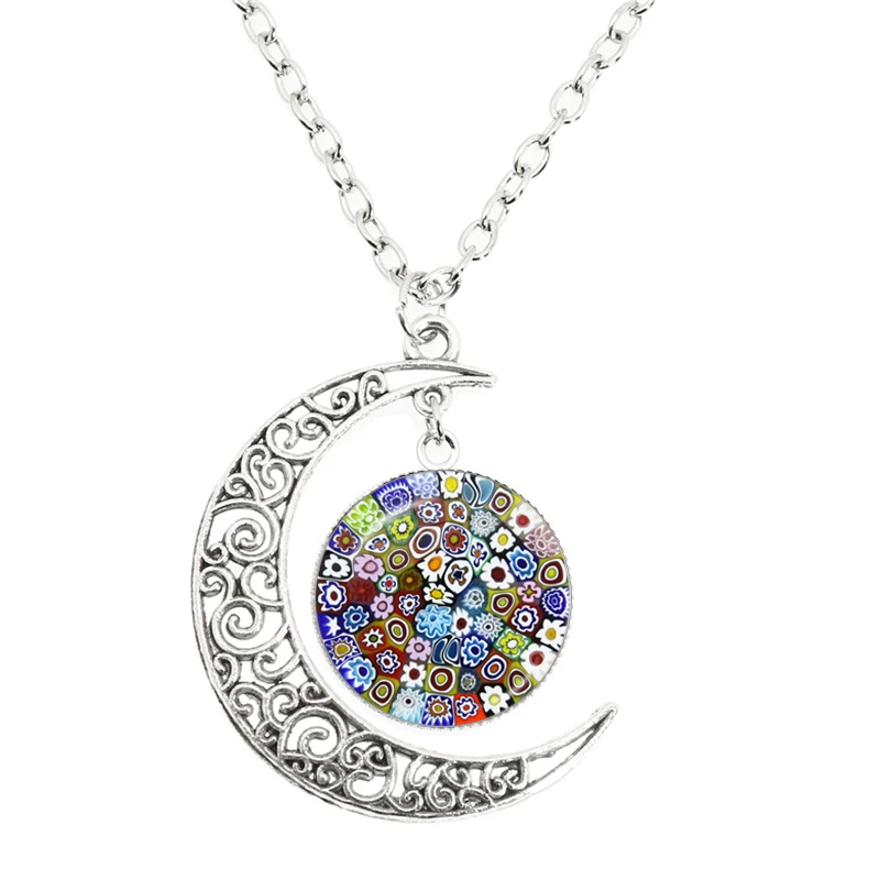 Murano Millefiori Moon Náhrdelník Sklenené sklo Cabochon Prívesok Náhrdelník Multickoreje kvetiny Ženy Men Darčekové šperky
