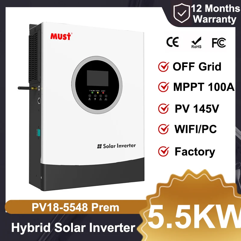 Must PV1800 Prem 3,5 kW 24V 5,5 kW 48V MPPT 100A Hybridný solárny menič vstavaný v slnečnom systéme WiFi Monitor PV 450V OFF MRY