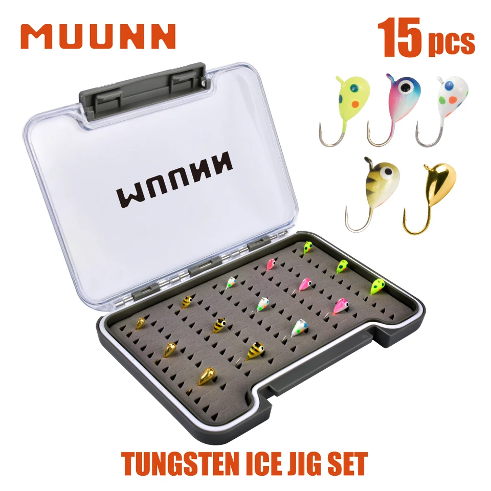 Muunn 15ks Tungsten Ice Fishing Jig Súprava, UV žiara, viacfarebný Hayabusa Hook Winter Perch Crappie Bluegill Softlure návnada