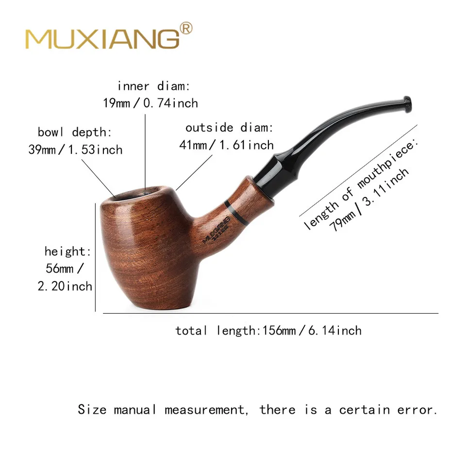 Muxiang Importované ružové drevené tabakové potrubie 3 mm filtračný prvok Zakrivená rukoväť Desktop Pipe Bowl Priemer 20 mm hĺbka misky 40 mm