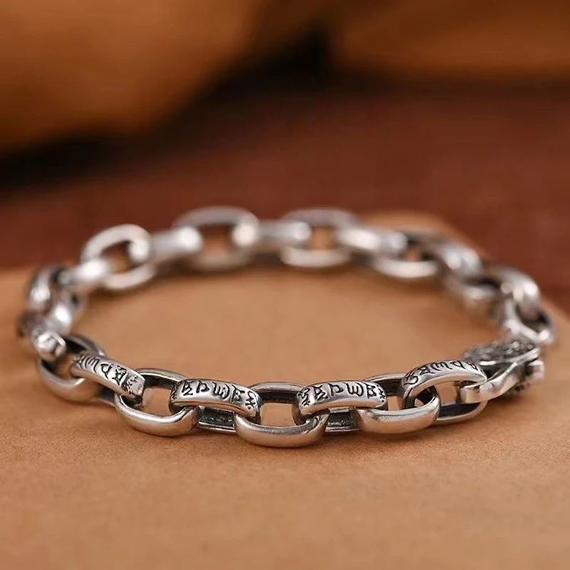 Muž vynikajúci 925 Sterling Silver Silver Bracelet Fashion Gift Pánske mužské špičky 18 cm/20cm/22 cm retro šesťdesiatkoví mantra reťazové šperky