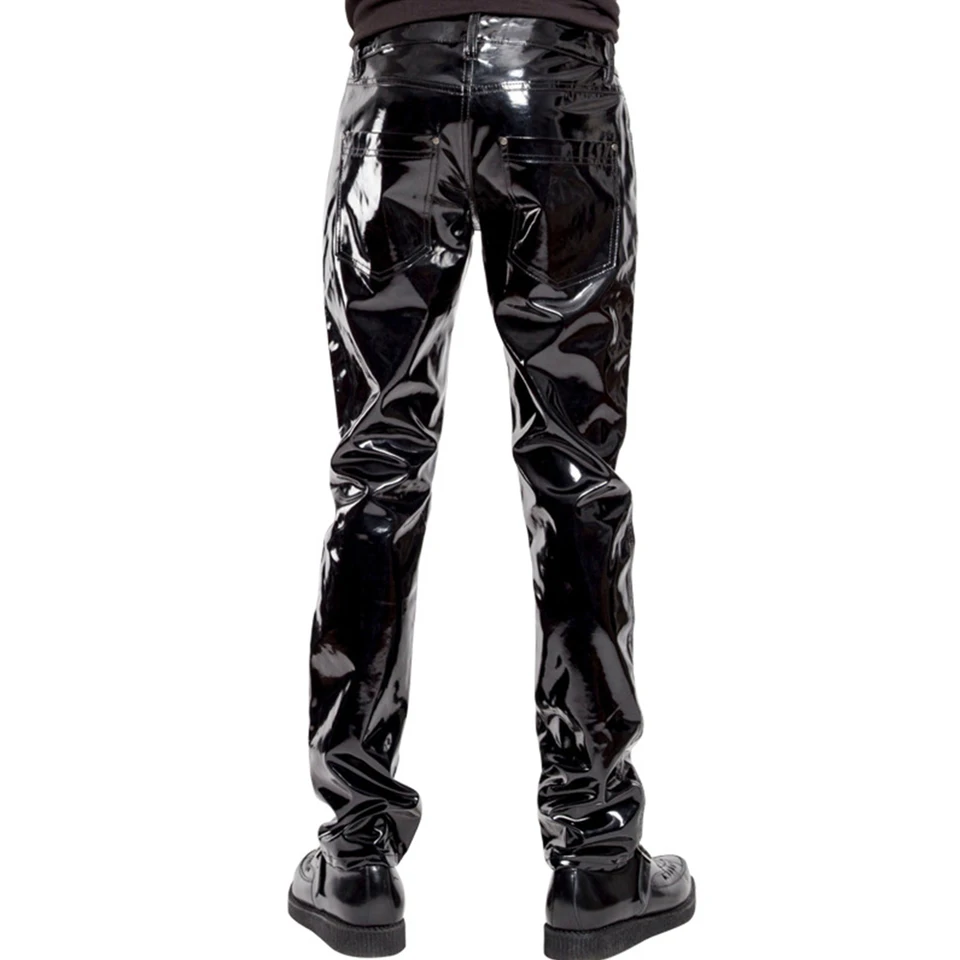 Muž čierne patentové kožené motocyklové motorky nohavice lesklé stredné pásové rovné nohavice kožené nohavice Men mokré vzhľad Rave Party Clubwear