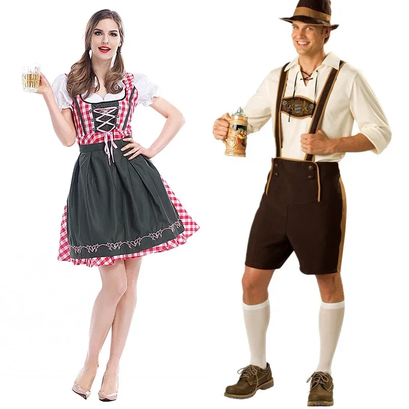 Muž Ženy Oktoberfest kostým dirndl lederhosen outfit tradičné bavorské pivné večierky Halloween Fancy Dress AA1
