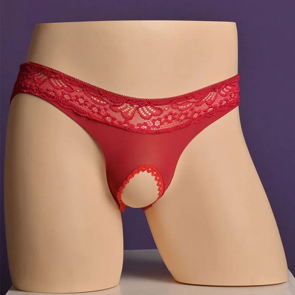 Muži a ženy beznádejné spodná bielizeň sexy čipkované nohavičky s nízkym pasovým hodvábnym spodným nohavicami o krúžkových briefs Peni Hole Triangle Stručný