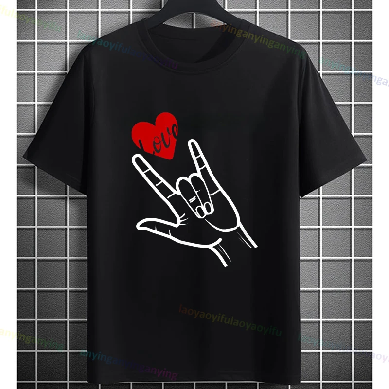 Muži a ženy milujem ťa znak jazyk tlač grafické tričko Príležitostný okrúhly krk s krátkym rukávom bavlnené tričko Valentines Day's Top