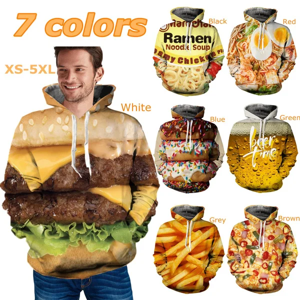 Muži a ženy módne 3D kapucňa ramenové jedlo hamburger a hranolky tlač