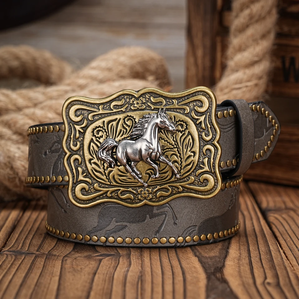 Muži a ženy-Western-Cowboy-PU kožené blížky-Vintage Horse Belt Belt Belt Ryt