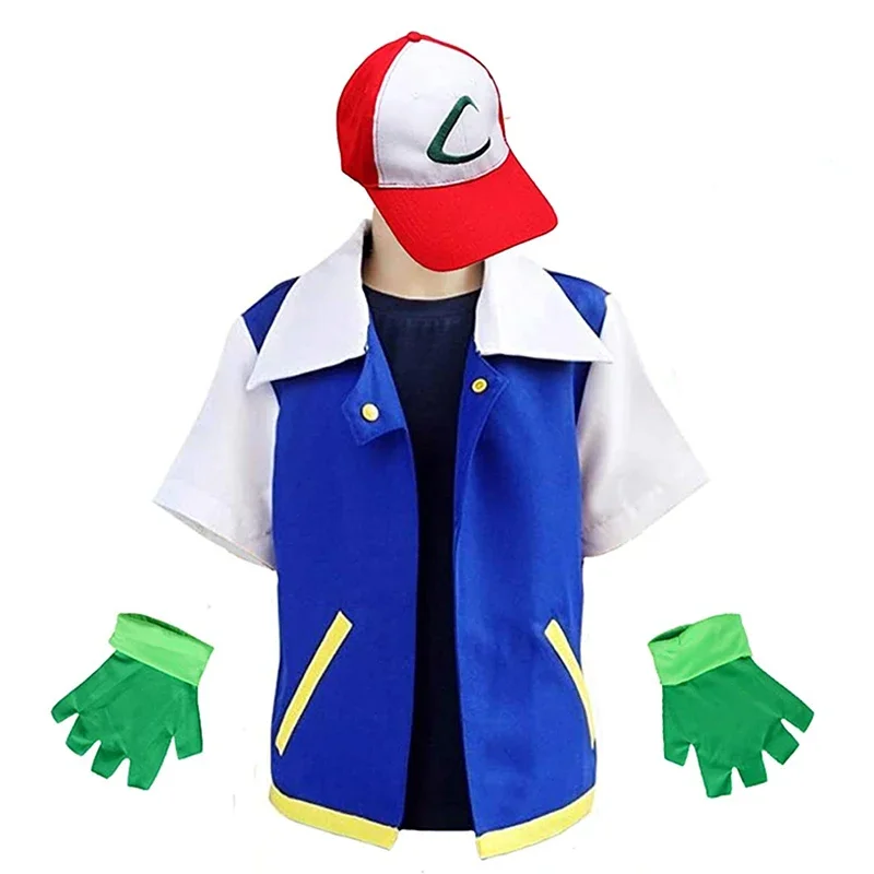 Muži anime trénera kostýmy chlapci Ash Ketchum dospelých Cosplay pre dievčatá Halloween Ženy Disfraz Party Blue Jacket Cap and Rukavice súpravy