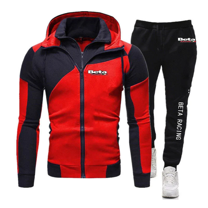 Muži beta závodné motokrosové motocykle jesenné diagonálne zips s kapucňou Pullover Color Matching Hoodie Designe +Pants Sportswear Suit
