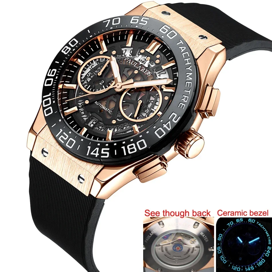 Muži chronograf Skeleton keramický rámec Blue Luminous Automatic Videnie cez luxusné ružové zlato titánový štýl gumové kremenné hodinky
