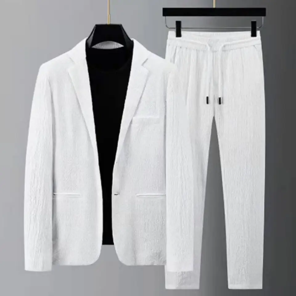 Muži dvojdielne pásové skladané pase muži Blazer Pants Set Plietre Replace Loose klope vrecká tenké formálne obchodné muži set