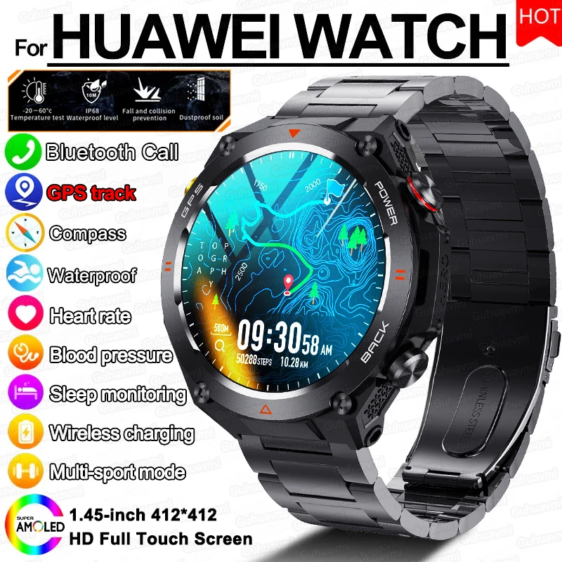 Muži GPS Sports Fitness Tracker Vojenské inteligentné hodinky 1.45 Bluetooth Call Watch IP67 Witerproof Smartwatch pre Huawei Xiaomi ISO