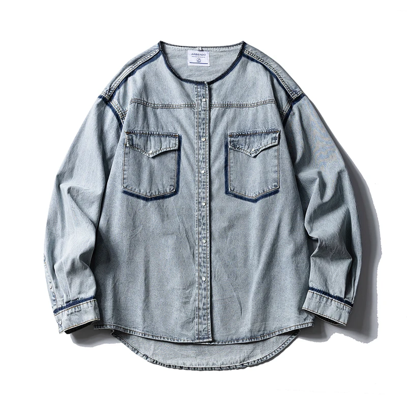 Muži Japonské kórejské streetwear módne gollarless Loose Casual Casy Casy Dlhá rukáv džínsové džínsové džínsy blúzka blúzka Coat