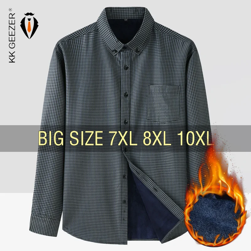 Muži košeľa Plaid Warm Fleece dlhý rukáv 2023 plus veľkosť 6xl 7xl 8xl 10xl nadmorská nadmorská výška