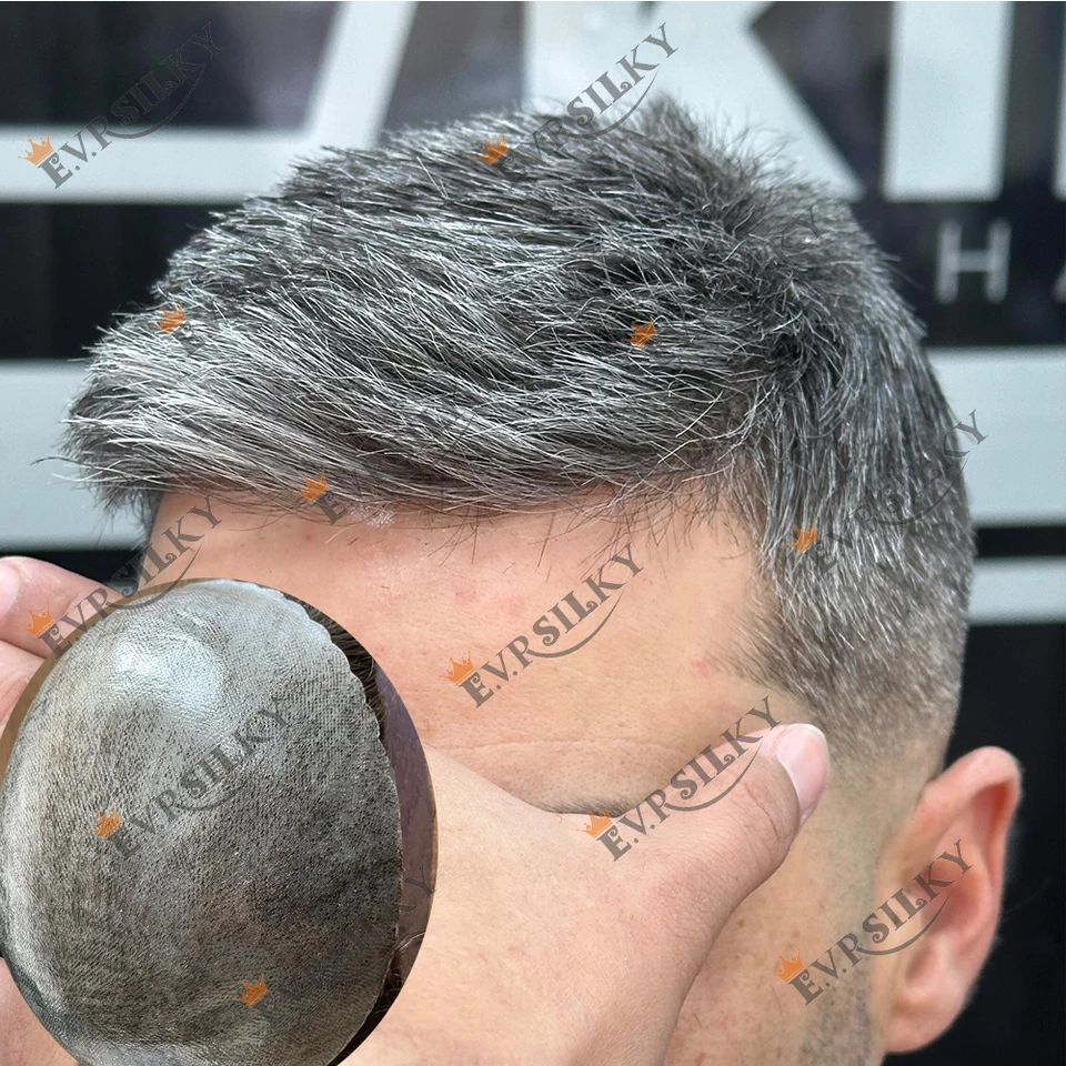 Muži kremíka Toupee lacné ľudské vlasy hnedá šedá čierna 1B40