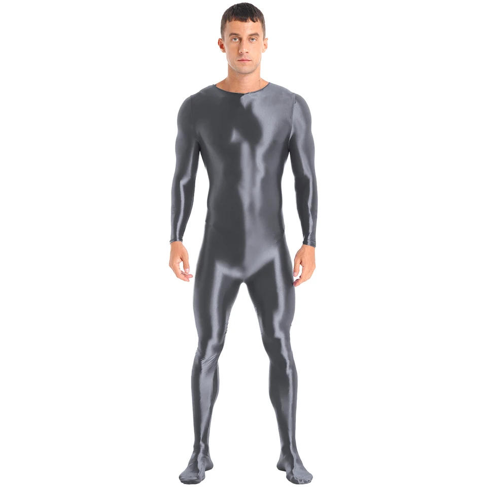 Muži lesklé športové kulturistické kombinézy Chrbát Zipper Bodystocing Lesklá masová farba s dlhým rukávom Bodysuit Sport Gym Fitness Wear