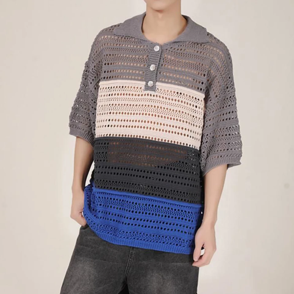Muži luxusné pletené pólové tričko Priedušné neformálne dutiny z tričku móda zákruta dúhovej pruhovanej s krátkym rukávom Fishnet Tops Tops