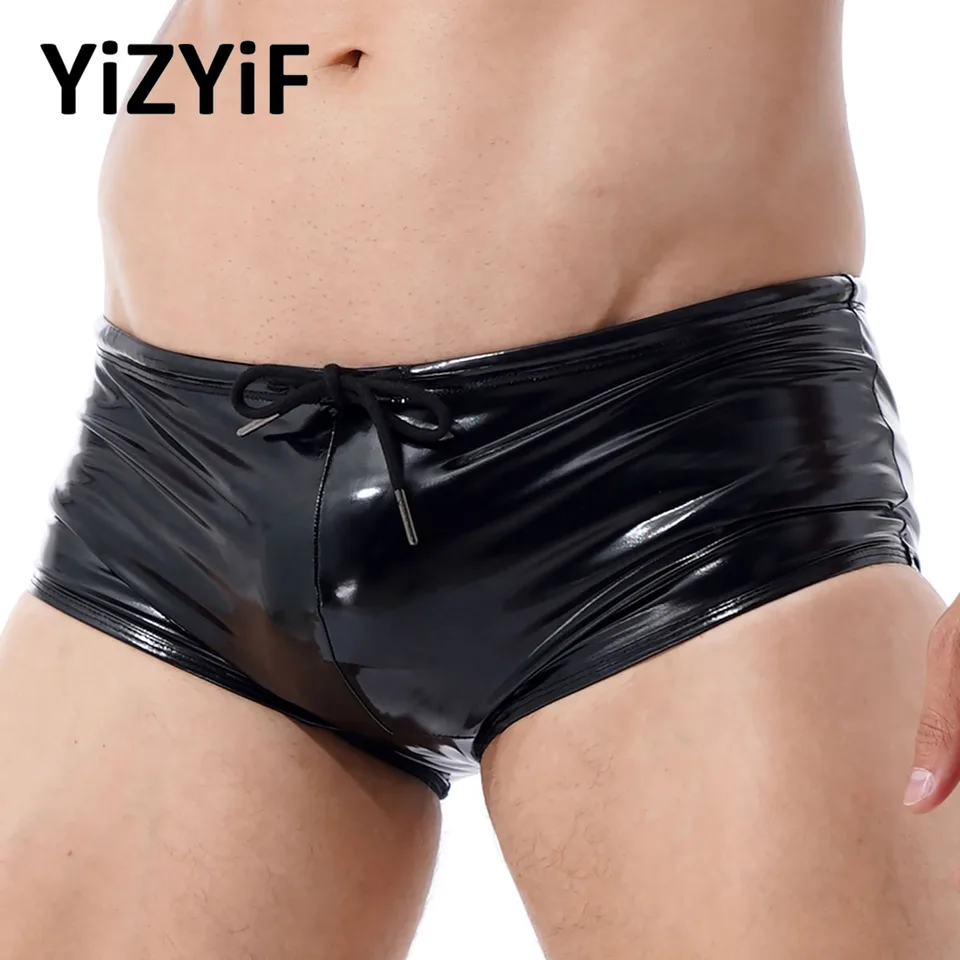 Muži mokrý vzhľad patentový kožený boxer sexy čierny latex kupce kmene sťahovacie nohavičky spodné prádlo Clubwear