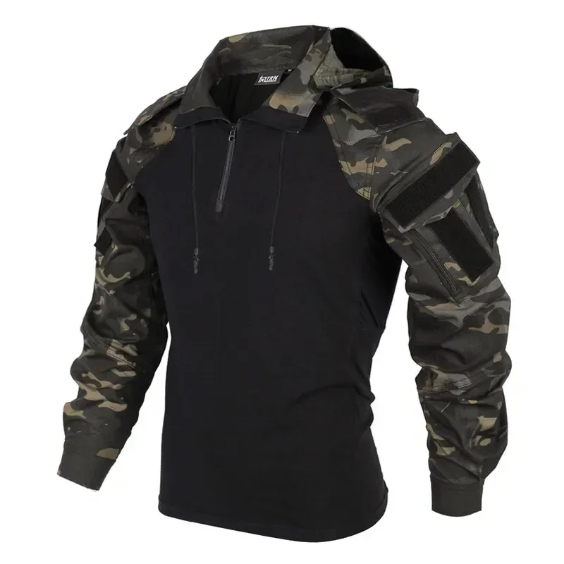 Muži Multicam Vojenské uniforma bojové košeľa taktické tričko s dlhým rukávom Paintball Camping Hunting Clothing Hooded Airsoft Tirls