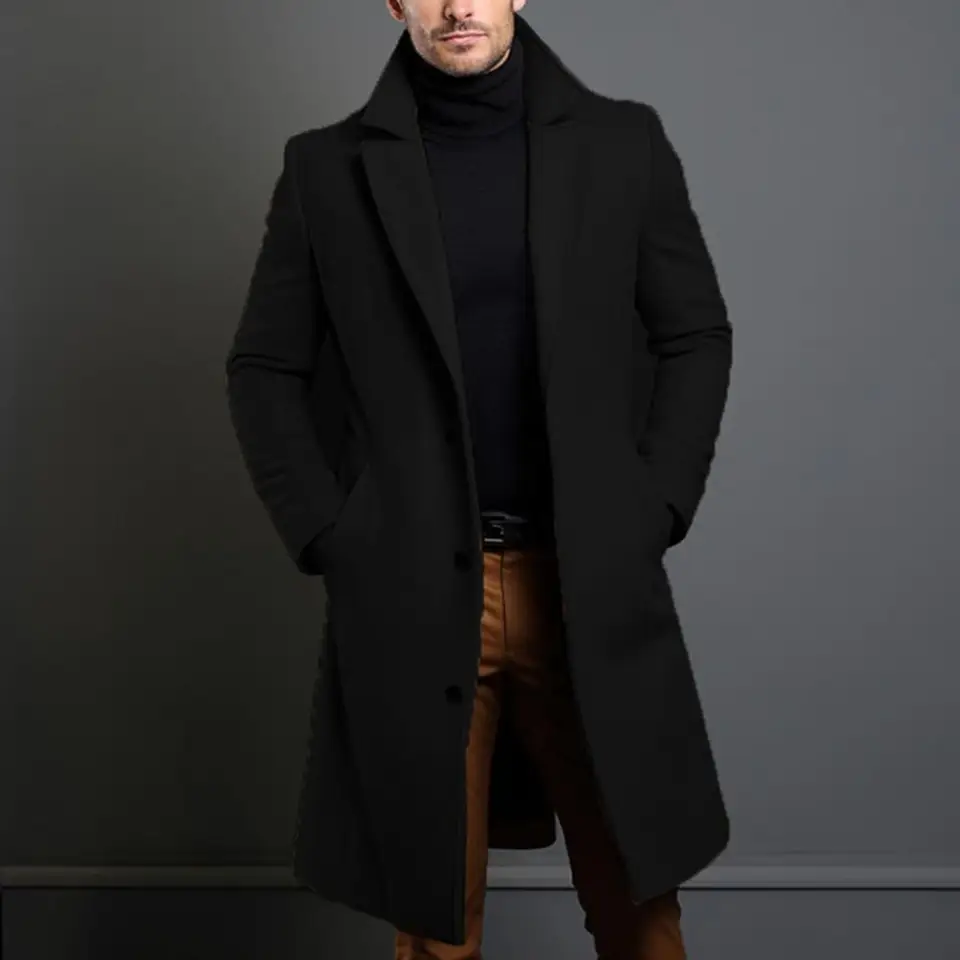 Muži oblek Cast Stylish Pánsky vlnený kabát s klopnými vreckami na jeseň zimná stredná dĺžka veterného breakeru pre formálne príležitosti