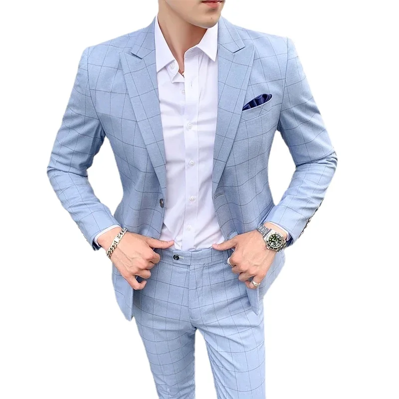 Muži oblečený svadobný ženích Vlastný kotleny srsť Slim Blazer Vužné nohavice oblečenie samcov mriežkové bunda
