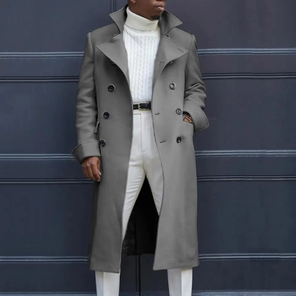 Muži padajú zimný zákopový kabát klošné dvojradové vrecká na kabátovú kabátovú voľnú hustú vetru odolné voči tlačidlám Windbreaker Men