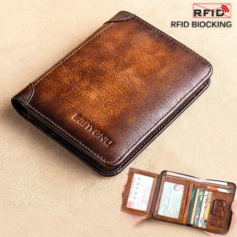 Muži peňaženka Originálne kožené RFID blokovanie trifold peňaženka Vintage tenký krátka funkcia ID Držiteľ kreditnej karty Malti