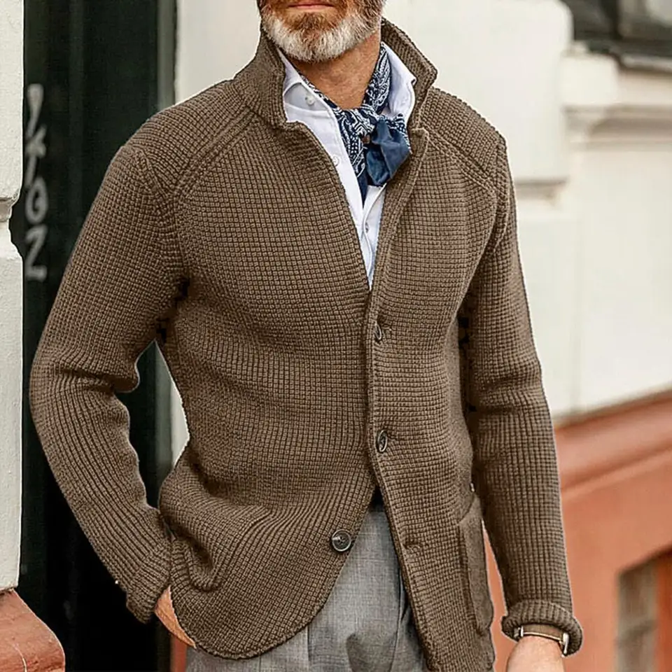 Muži pletene elegantné teplé pletené kabáty Men masívne farebné gombíky pletené sveter kabát Denné oblečenie