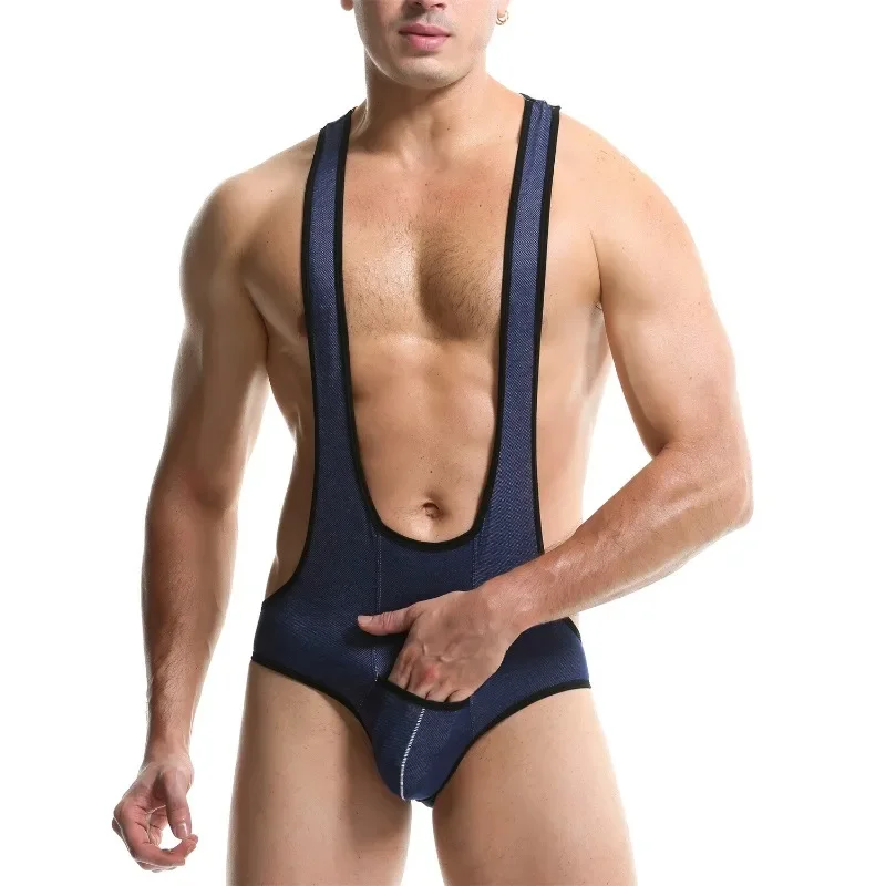 Muži podvádzajúce trosky Faux Denim Denim BodySuits Jockstrap Exotic Open Butt Penis Betouch Gay Underwear Priedušné kombinézy Bodywear