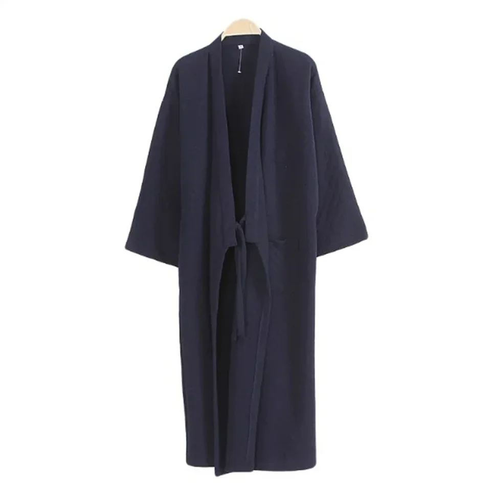 Muži Príležitostné japonské kimono yukata dlhé pyžamy s dĺžkou, veľkosť m ~ l, námornícka modrá / čierna / svetlo šedá, bavlnená tkanina, nočné oblečenie