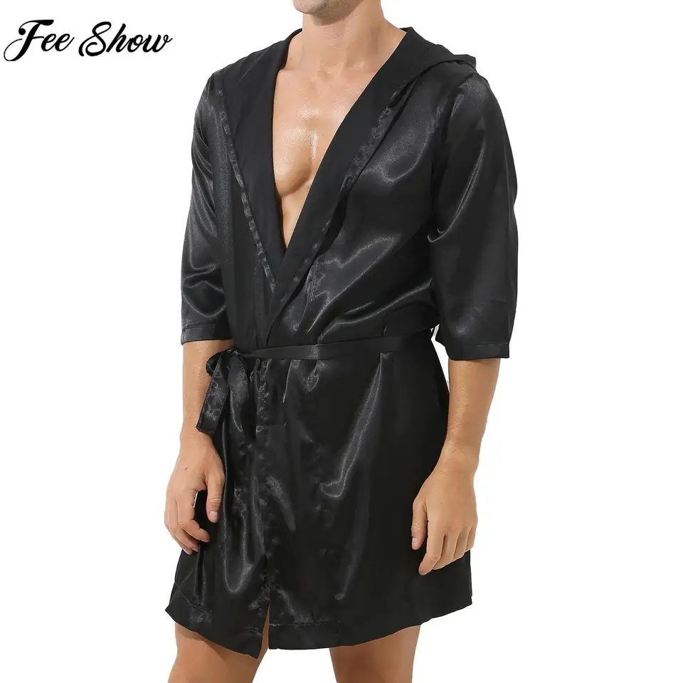 Muži saténové kapucňové župan nočné-rue s opaskom polovičná rukáv nočná nočná dress samec hodvábne mäkké kimono nočné nočné oblečenie nočné oblečenie salóniky